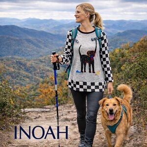 INOAH Dog Checkerboard Sleeve Tunic Stretch Boutique Top Made USA,EUC Size XS